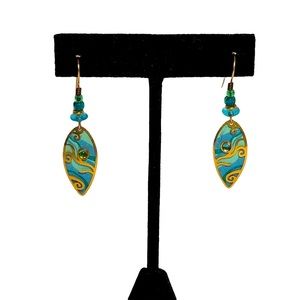 Blue & green teardrop earrings with gold wave overlay green stone detail
